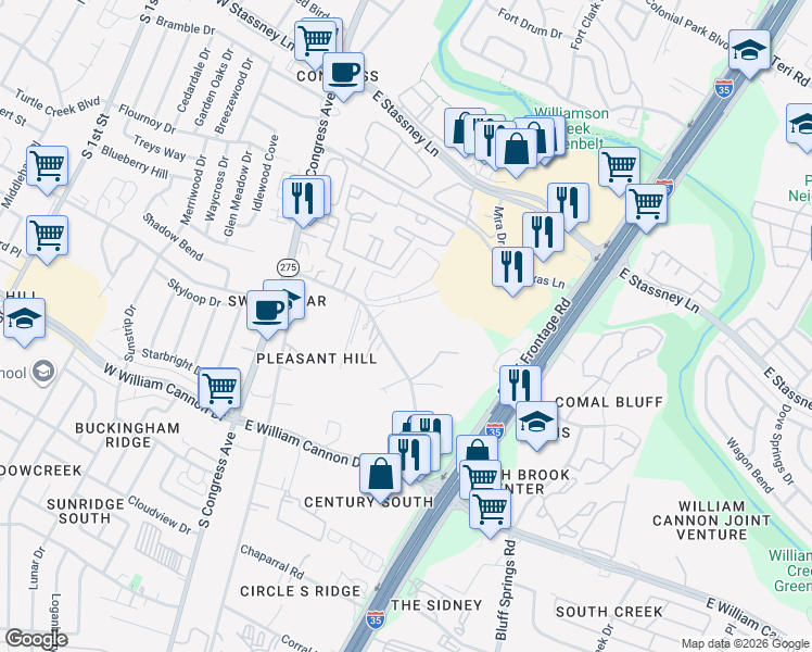 map of restaurants, bars, coffee shops, grocery stores, and more near 604 North Bluff Drive in Austin