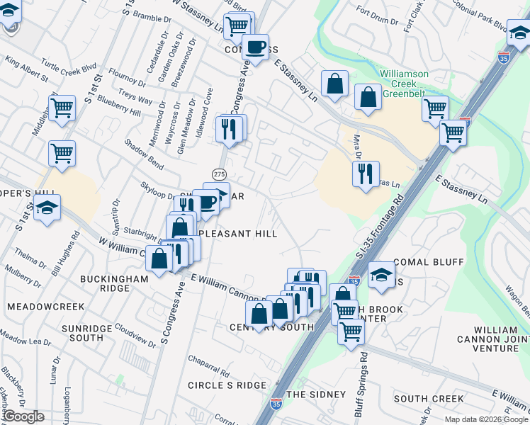 map of restaurants, bars, coffee shops, grocery stores, and more near 401 North Bluff Drive in Austin