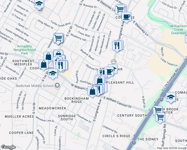 map of restaurants, bars, coffee shops, grocery stores, and more near 6501 Bluesky Way in Austin