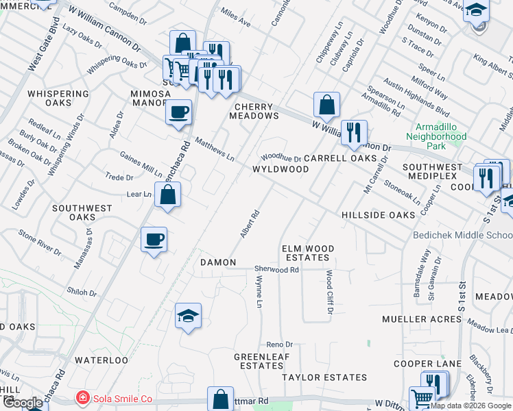 map of restaurants, bars, coffee shops, grocery stores, and more near 7302 Albert Road in Austin