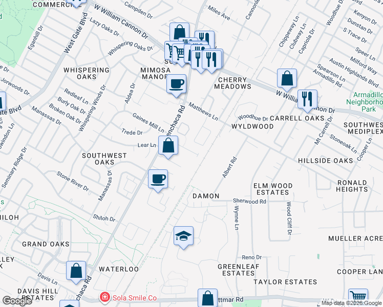 map of restaurants, bars, coffee shops, grocery stores, and more near 7415 Menchaca Road in Austin