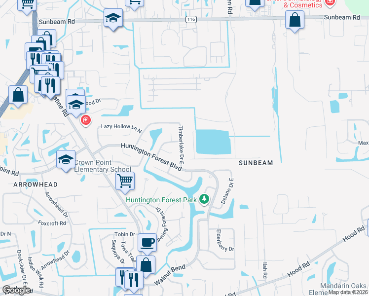 map of restaurants, bars, coffee shops, grocery stores, and more near 9917 Timberlake Drive East in Jacksonville
