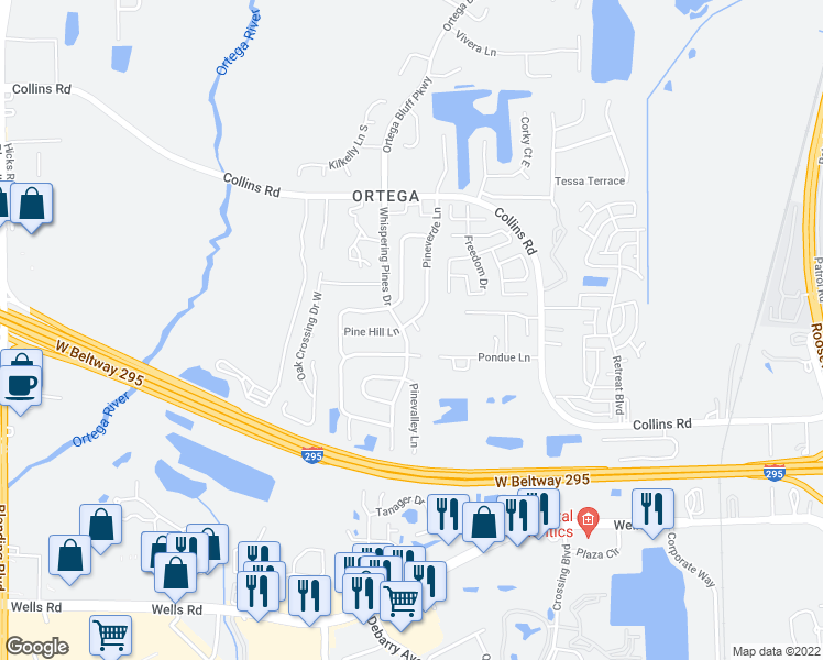 map of restaurants, bars, coffee shops, grocery stores, and more near 5499 Pinehaven Court in Jacksonville