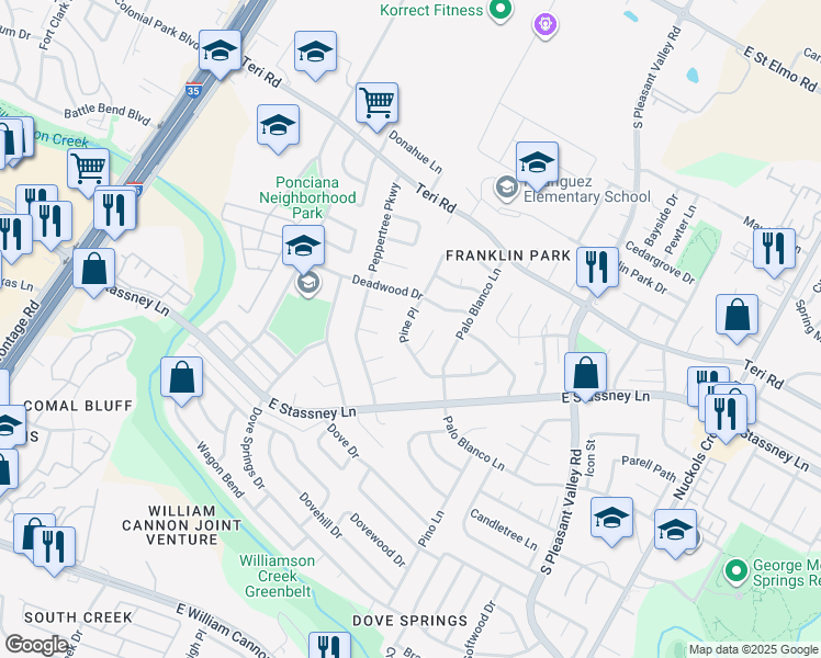 map of restaurants, bars, coffee shops, grocery stores, and more near 5411 Pine Place in Austin