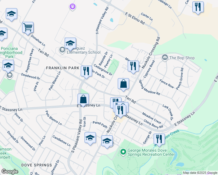 map of restaurants, bars, coffee shops, grocery stores, and more near 5009 Copperbend Boulevard in Austin
