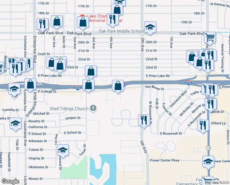 map of restaurants, bars, coffee shops, grocery stores, and more near 1920 Mark Street in Lake Charles
