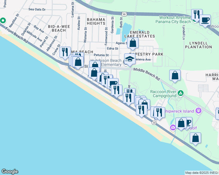 map of restaurants, bars, coffee shops, grocery stores, and more near 622 Gardenia Street in Panama City Beach