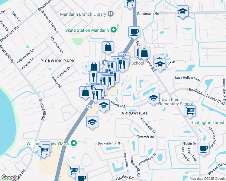 map of restaurants, bars, coffee shops, grocery stores, and more near 9965 San Jose Boulevard in Jacksonville