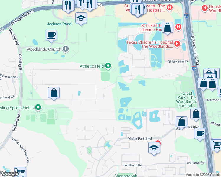 map of restaurants, bars, coffee shops, grocery stores, and more near 2399 Meadow Road in Conroe
