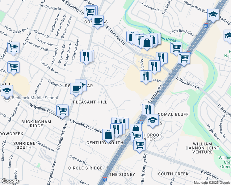 map of restaurants, bars, coffee shops, grocery stores, and more near 604 North Bluff Drive in Austin