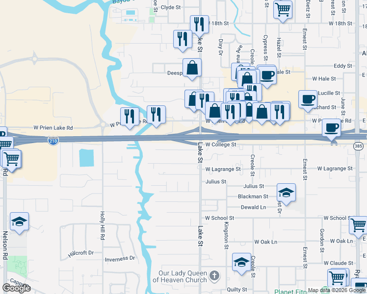 map of restaurants, bars, coffee shops, grocery stores, and more near 910 Contraband Ln in Lake Charles