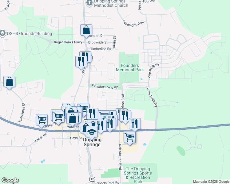 map of restaurants, bars, coffee shops, grocery stores, and more near 126 Iron Rail Road in Dripping Springs