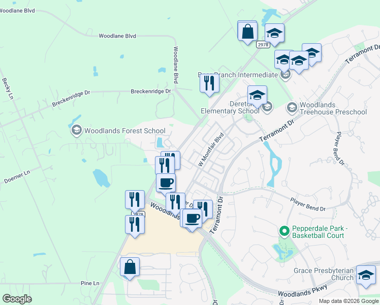 map of restaurants, bars, coffee shops, grocery stores, and more near 38 Whetstone Ridge Way in Spring