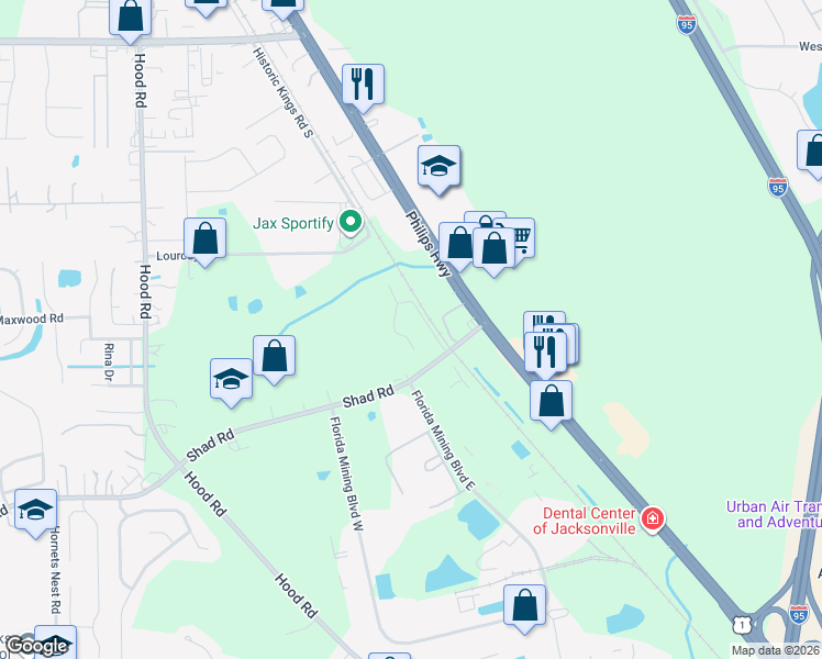 map of restaurants, bars, coffee shops, grocery stores, and more near 5505 Shad Road in Jacksonville