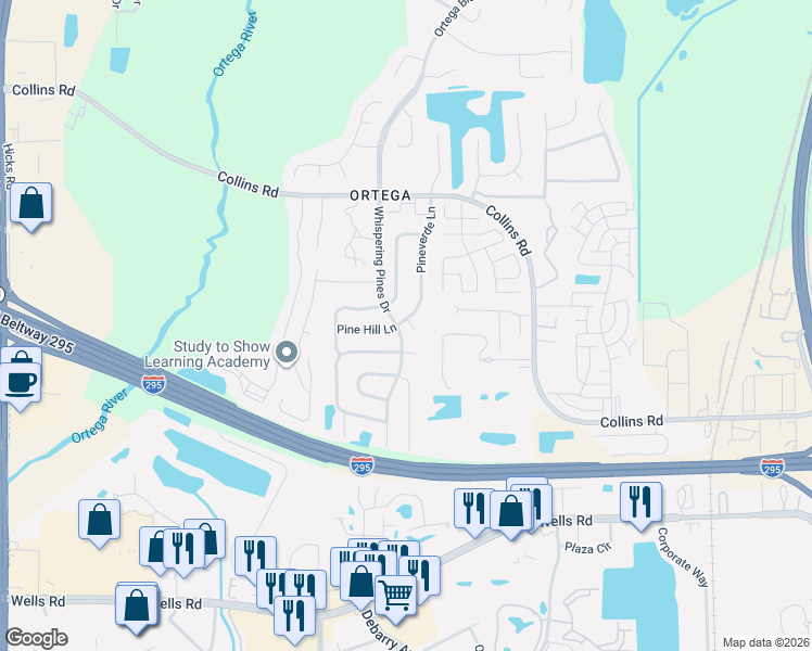 map of restaurants, bars, coffee shops, grocery stores, and more near 5499 Pinehaven Court in Jacksonville