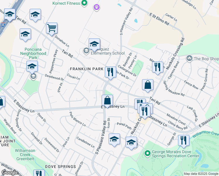 map of restaurants, bars, coffee shops, grocery stores, and more near 5103 South Pleasant Valley Road in Austin