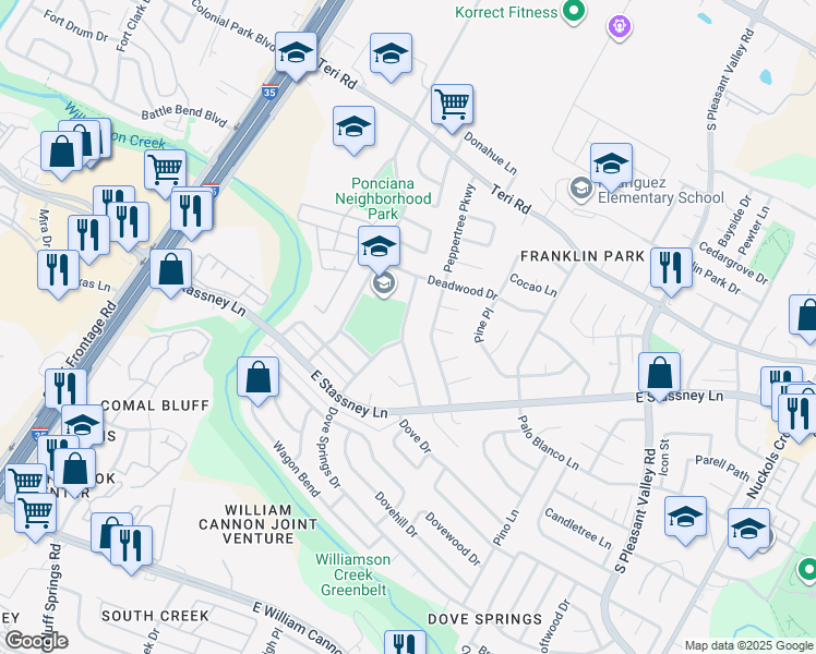 map of restaurants, bars, coffee shops, grocery stores, and more near 5414 Peppertree Parkway in Austin