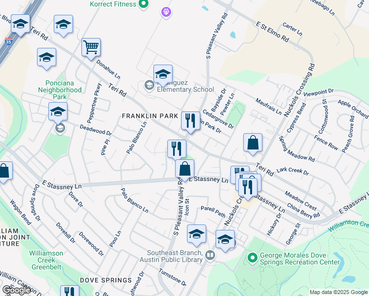 map of restaurants, bars, coffee shops, grocery stores, and more near 5105 South Pleasant Valley Road in Austin