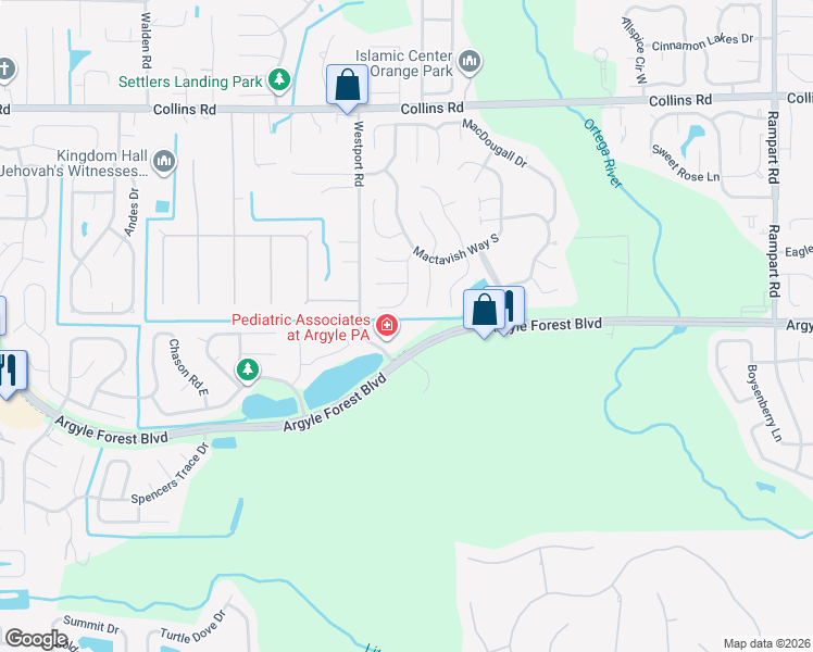 map of restaurants, bars, coffee shops, grocery stores, and more near 7855 Argyle Forest Boulevard in Jacksonville