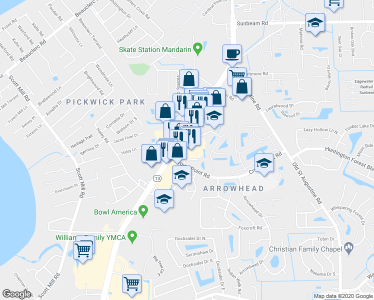 map of restaurants, bars, coffee shops, grocery stores, and more near 9965 San Jose Boulevard in Jacksonville