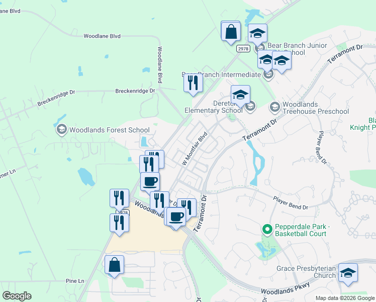 map of restaurants, bars, coffee shops, grocery stores, and more near 73 East Montfair Boulevard in The Woodlands