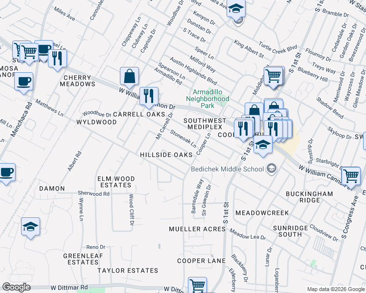 map of restaurants, bars, coffee shops, grocery stores, and more near 913 Stoneoak Lane in Austin
