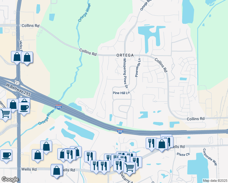 map of restaurants, bars, coffee shops, grocery stores, and more near 5689 Pine Hill Lane in Jacksonville