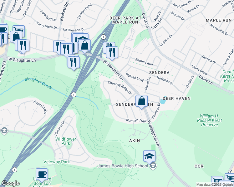 map of restaurants, bars, coffee shops, grocery stores, and more near 4705 Tello Path in Austin