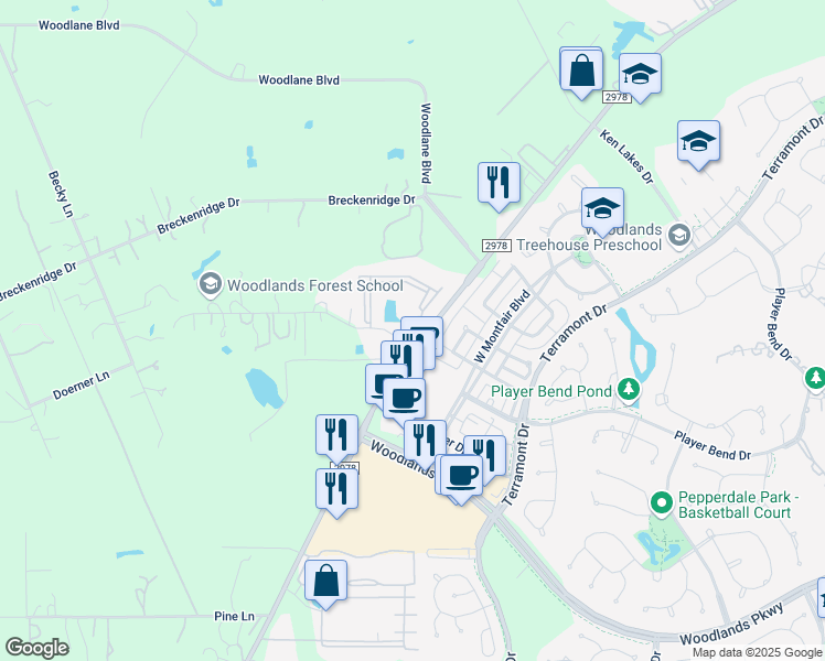 map of restaurants, bars, coffee shops, grocery stores, and more near 30643 Farm to Market Road 2978 in Magnolia
