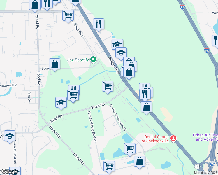map of restaurants, bars, coffee shops, grocery stores, and more near 5505 Shad Road in Jacksonville