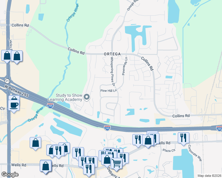 map of restaurants, bars, coffee shops, grocery stores, and more near 5553 Pine Hill Lane in Jacksonville