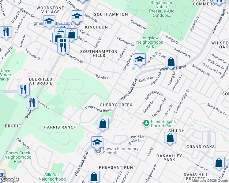 map of restaurants, bars, coffee shops, grocery stores, and more near 8403 Longview Road in Austin