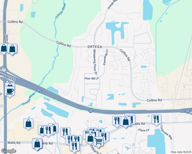 map of restaurants, bars, coffee shops, grocery stores, and more near 5529 Pine Hill Lane in Jacksonville
