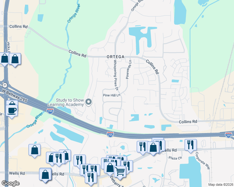 map of restaurants, bars, coffee shops, grocery stores, and more near 5553 Pine Hill Lane in Jacksonville