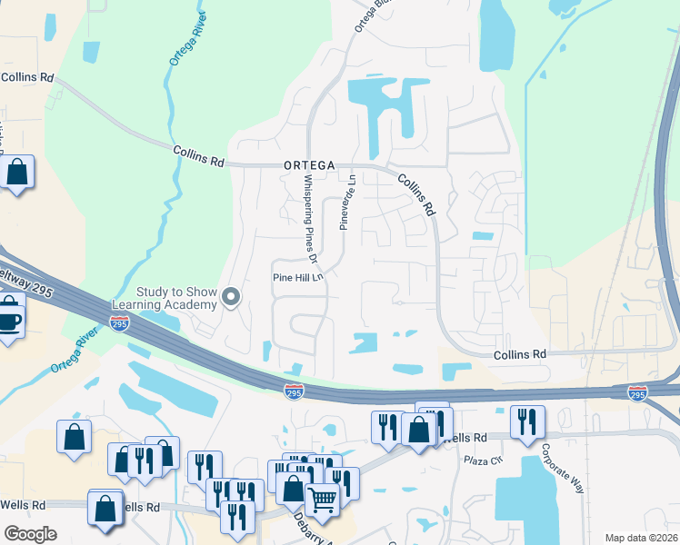 map of restaurants, bars, coffee shops, grocery stores, and more near 5499 Pinehaven Court in Jacksonville