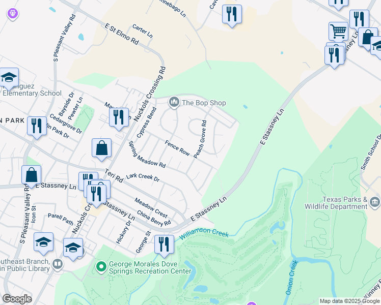 map of restaurants, bars, coffee shops, grocery stores, and more near 5612 Fence Row in Austin