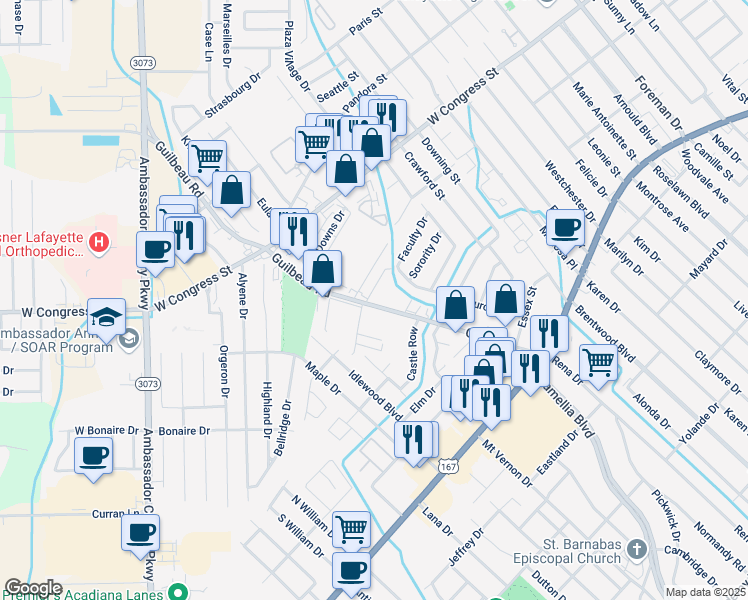 map of restaurants, bars, coffee shops, grocery stores, and more near 312 Guilbeau Road in Lafayette