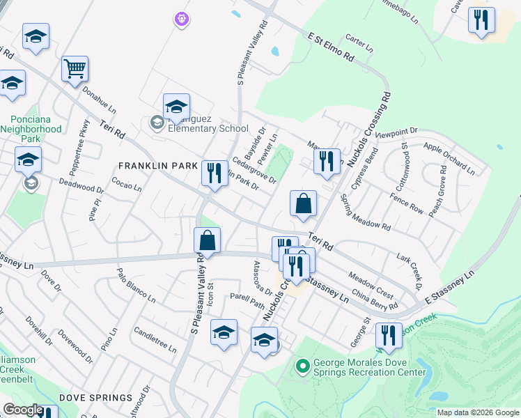 map of restaurants, bars, coffee shops, grocery stores, and more near 5006 Copperbend Boulevard in Austin