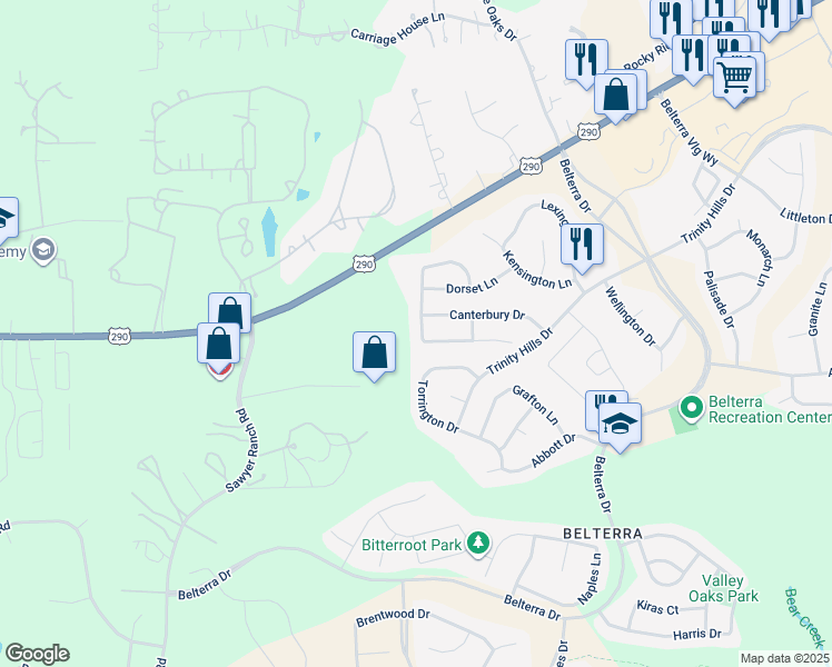 map of restaurants, bars, coffee shops, grocery stores, and more near 380 Manchester Lane in Austin
