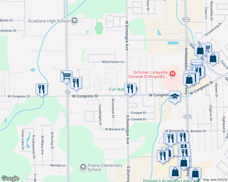 map of restaurants, bars, coffee shops, grocery stores, and more near 4620 West Congress Street in Lafayette