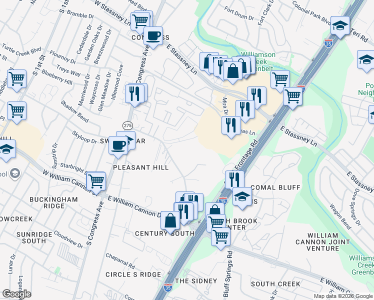map of restaurants, bars, coffee shops, grocery stores, and more near 604 North Bluff Drive in Austin