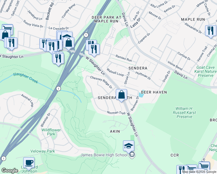 map of restaurants, bars, coffee shops, grocery stores, and more near 4615 Chesney Ridge Drive in Austin