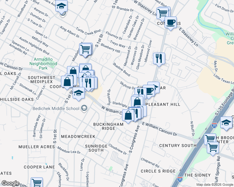 map of restaurants, bars, coffee shops, grocery stores, and more near 6506 Skycrest Drive in Austin