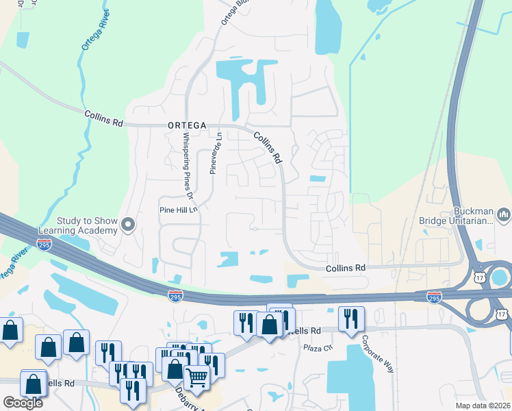 map of restaurants, bars, coffee shops, grocery stores, and more near 5269 Pondue Lane in Jacksonville
