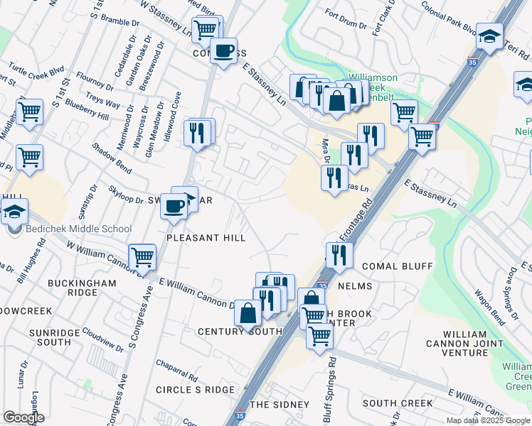 map of restaurants, bars, coffee shops, grocery stores, and more near 604 North Bluff Drive in Austin