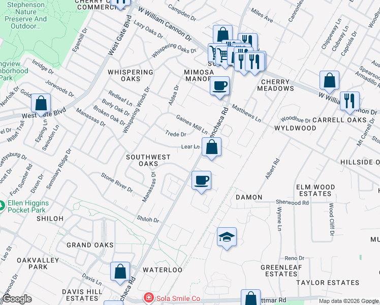 map of restaurants, bars, coffee shops, grocery stores, and more near 7502 Helecho Court in Austin