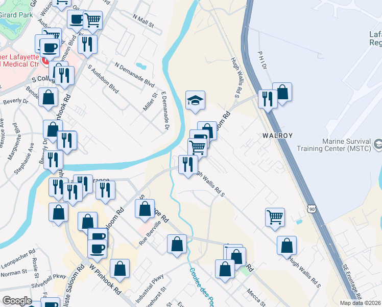 map of restaurants, bars, coffee shops, grocery stores, and more near 603 East Kaliste Saloom Road in Lafayette