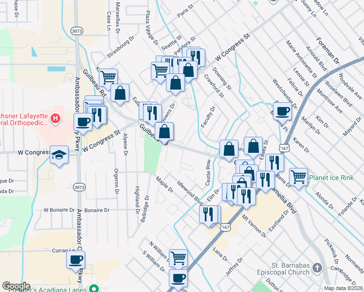 map of restaurants, bars, coffee shops, grocery stores, and more near 312 Guilbeau Road in Lafayette