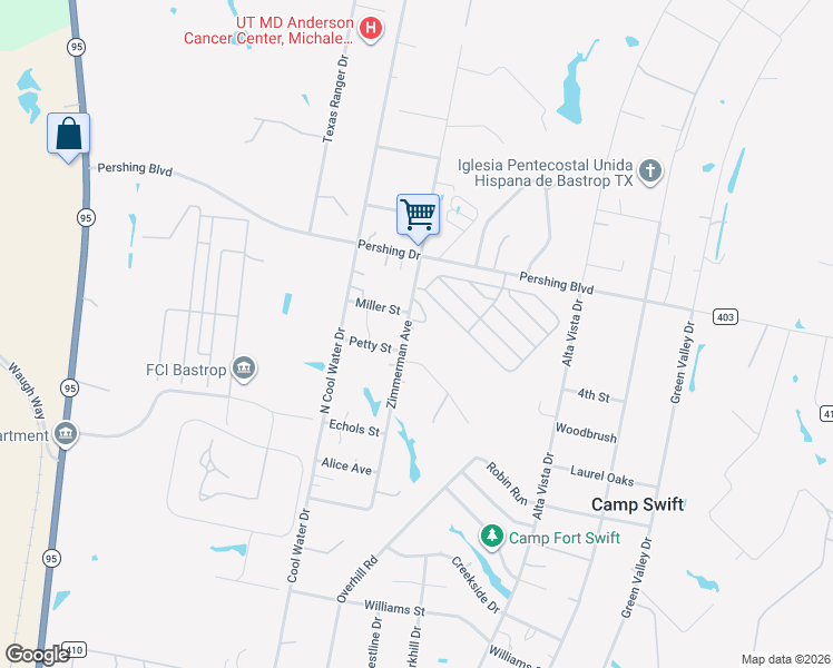 map of restaurants, bars, coffee shops, grocery stores, and more near 215 Zimmerman Avenue in Bastrop