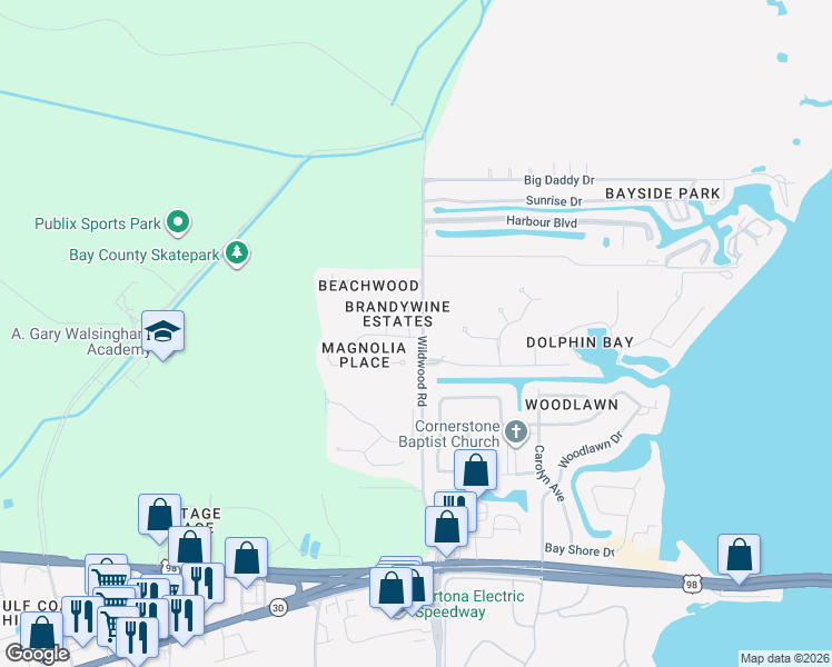 map of restaurants, bars, coffee shops, grocery stores, and more near 102 Dana Way in Panama City Beach